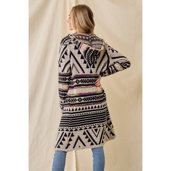 Oatmeal Multi Rainbow Aztec Jacquard Hooded Knit Open Cardigan Western Sweater - Picture 5 of 7